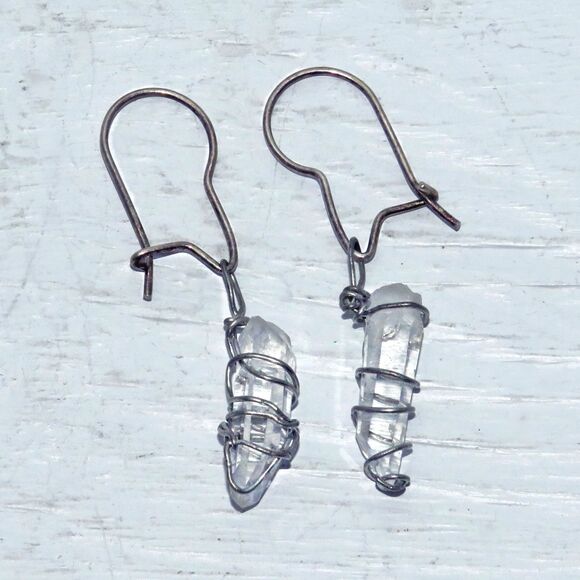 Vintage Sterling Silver Wire Wrapped Quartz Crystal Dangle Earrings For Women - Picture 1 of 4